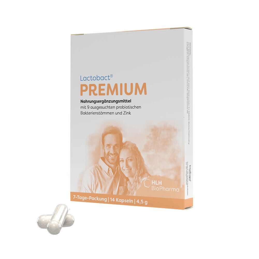 Lactobact PREMIUM-Packung. Nahrungsergänzungsmittel mit 9 Bakterienstämmen und Zink. 7-Tage-Packung mit 14 Kapseln. 3 Kapseln daneben.