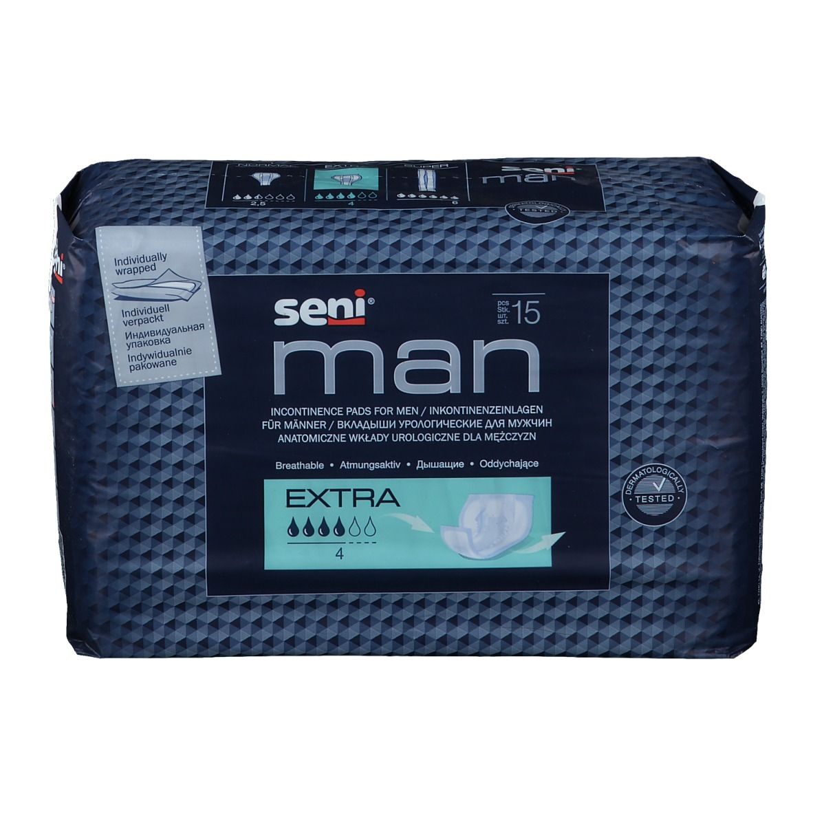 Verpackung Seni Man Extra Inkontinenzeinlagen. Blaue Verpackung mit Produktbezeichnung und Saugstärke. Draufsicht.