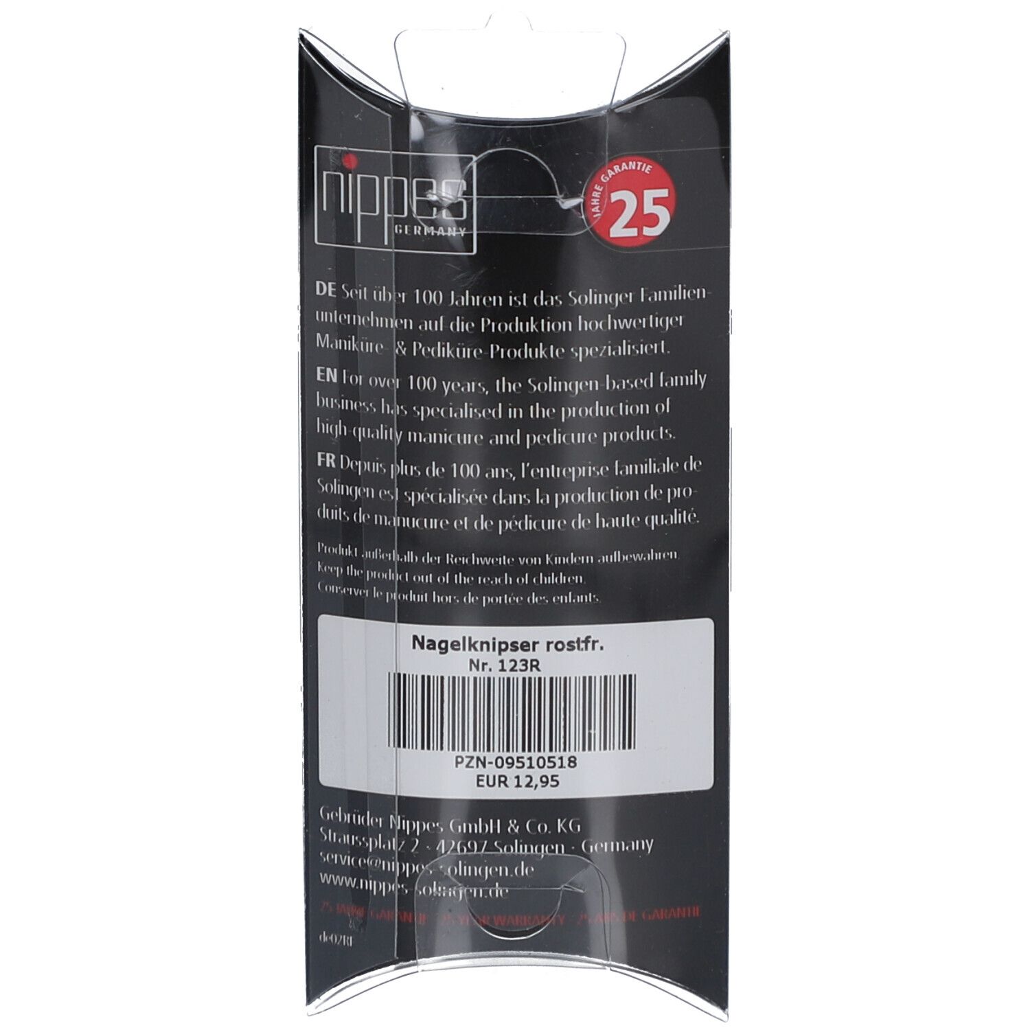 Rückseite der Verpackung mit Text und Produktinformationen. Nagelknipser rostfrei, Nr. 123R. 25 Jahre Garantie.
