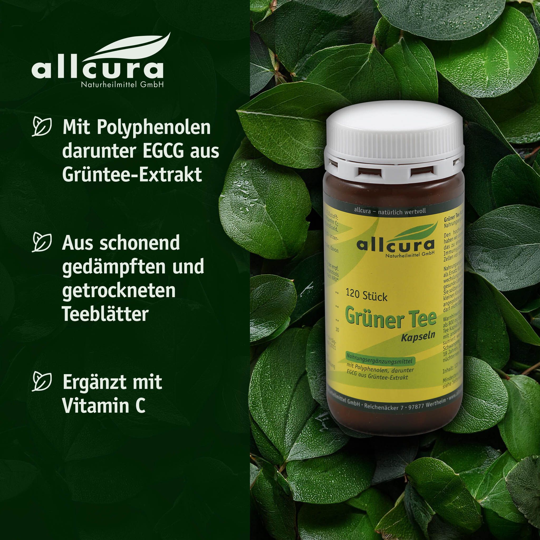 Braune Flasche mit weißem Deckel. Text: allcura, Grüner Tee Kapseln. Hintergrund: grüne Blätter.