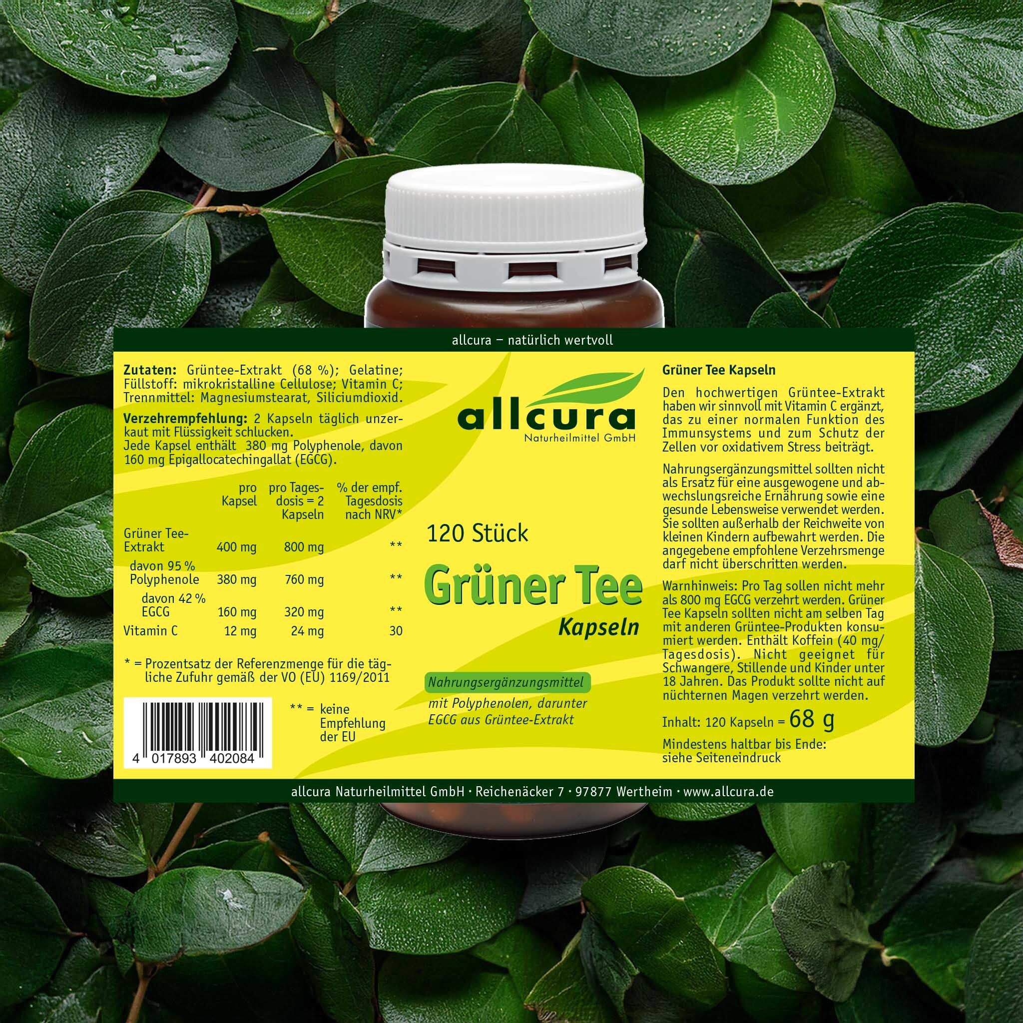 Braune Flasche mit weißem Deckel. Aufschrift: allcura Grüner Tee Kapseln, 120 Stück. Hintergrund: grüne Blätter.