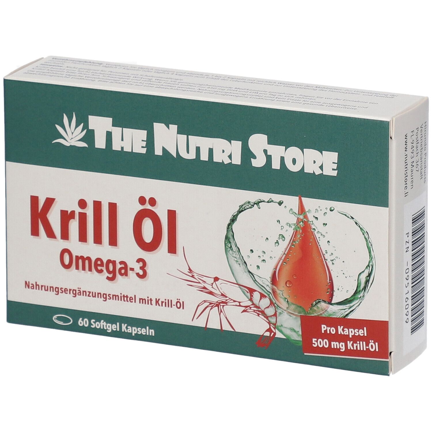 Schachtel mit Krill Öl Omega-3. Aufschrift: The Nutri Store. 60 Softgel Kapseln. Pro Kapsel 500 mg Krill-Öl.