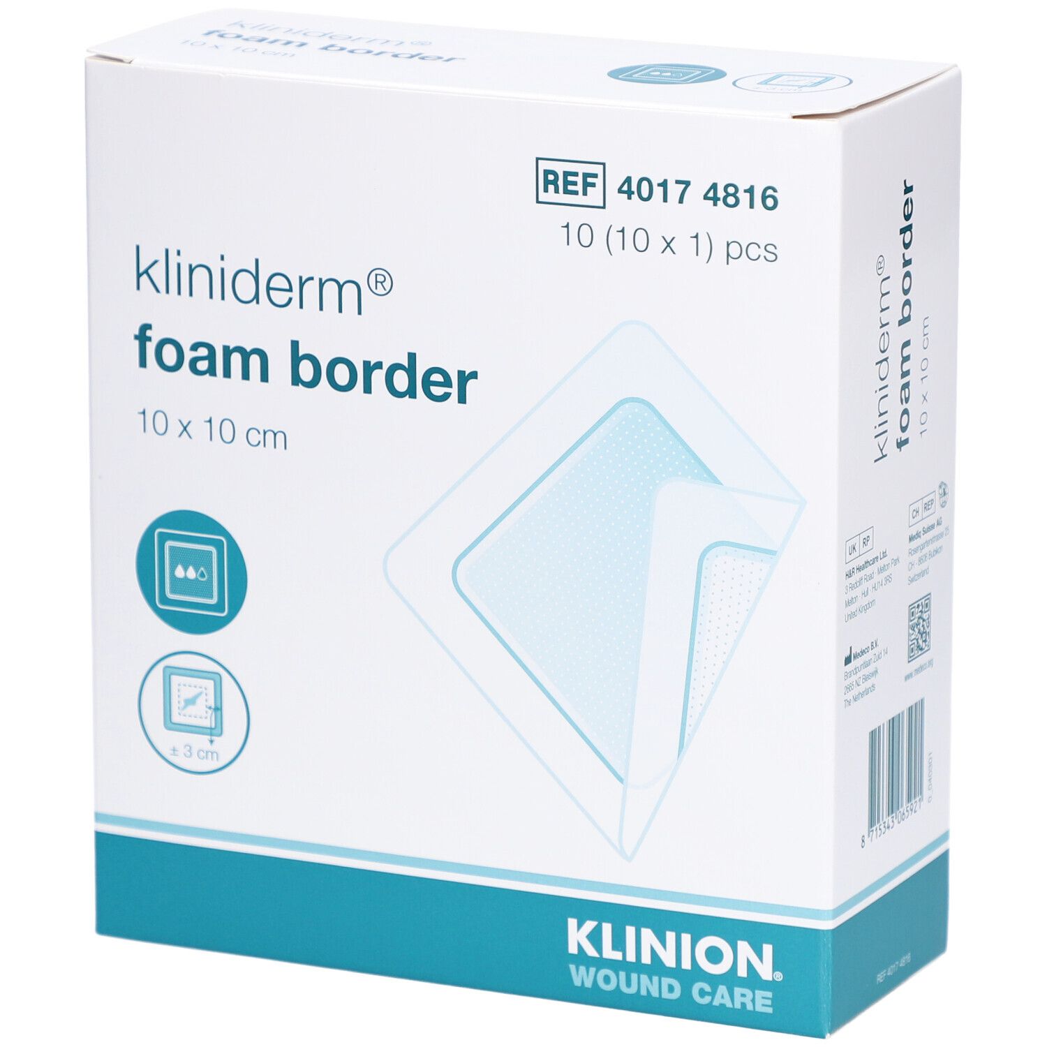 Karton mit Kliniderm Foam Border Wundauflagen. Größe 10x10 cm. Enthält 10 Stück. Klinion Logo unten.