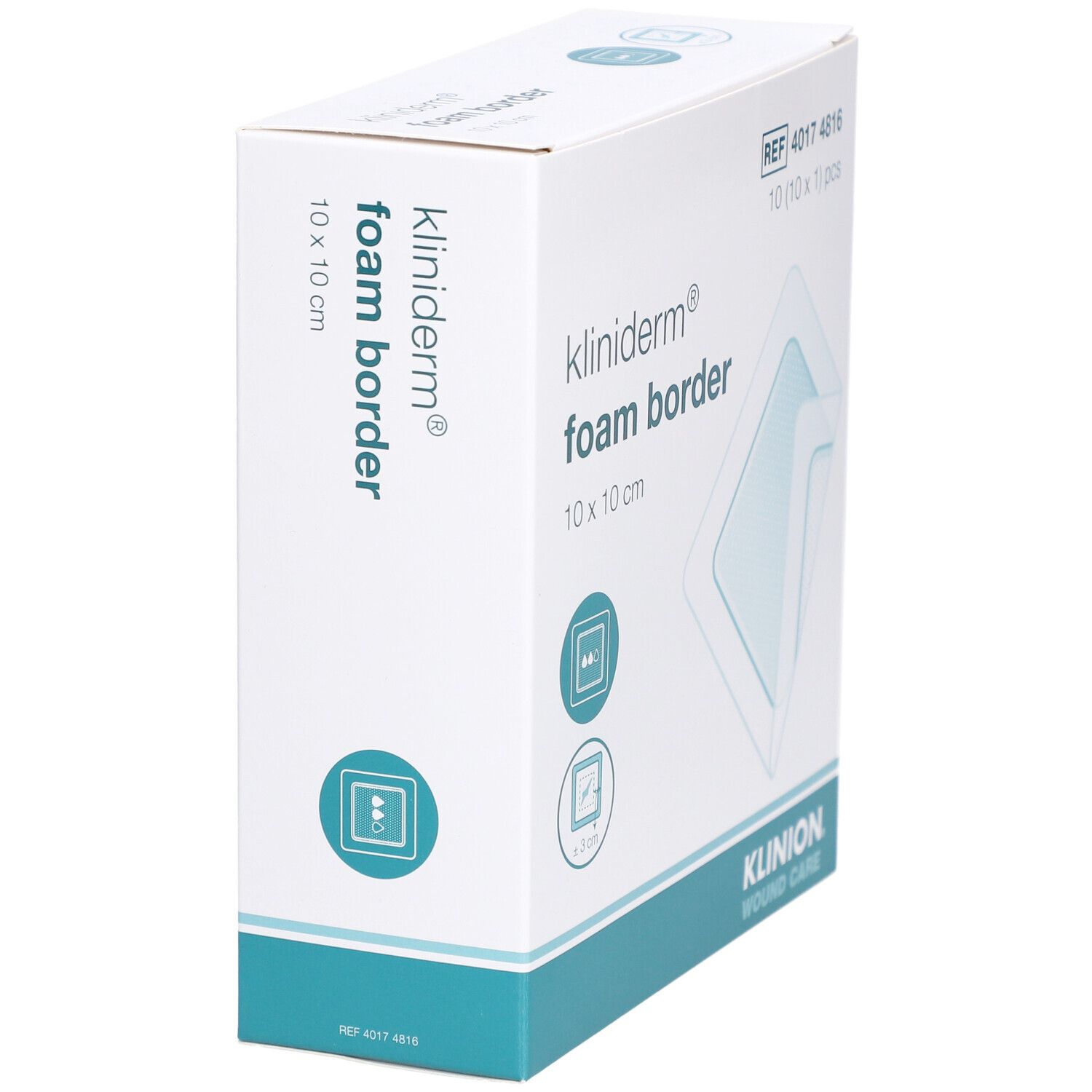 Karton Kliniderm Foam Border, 10x10 cm. Eckansicht. Produktname und Größe deutlich sichtbar. Klinion Logo.