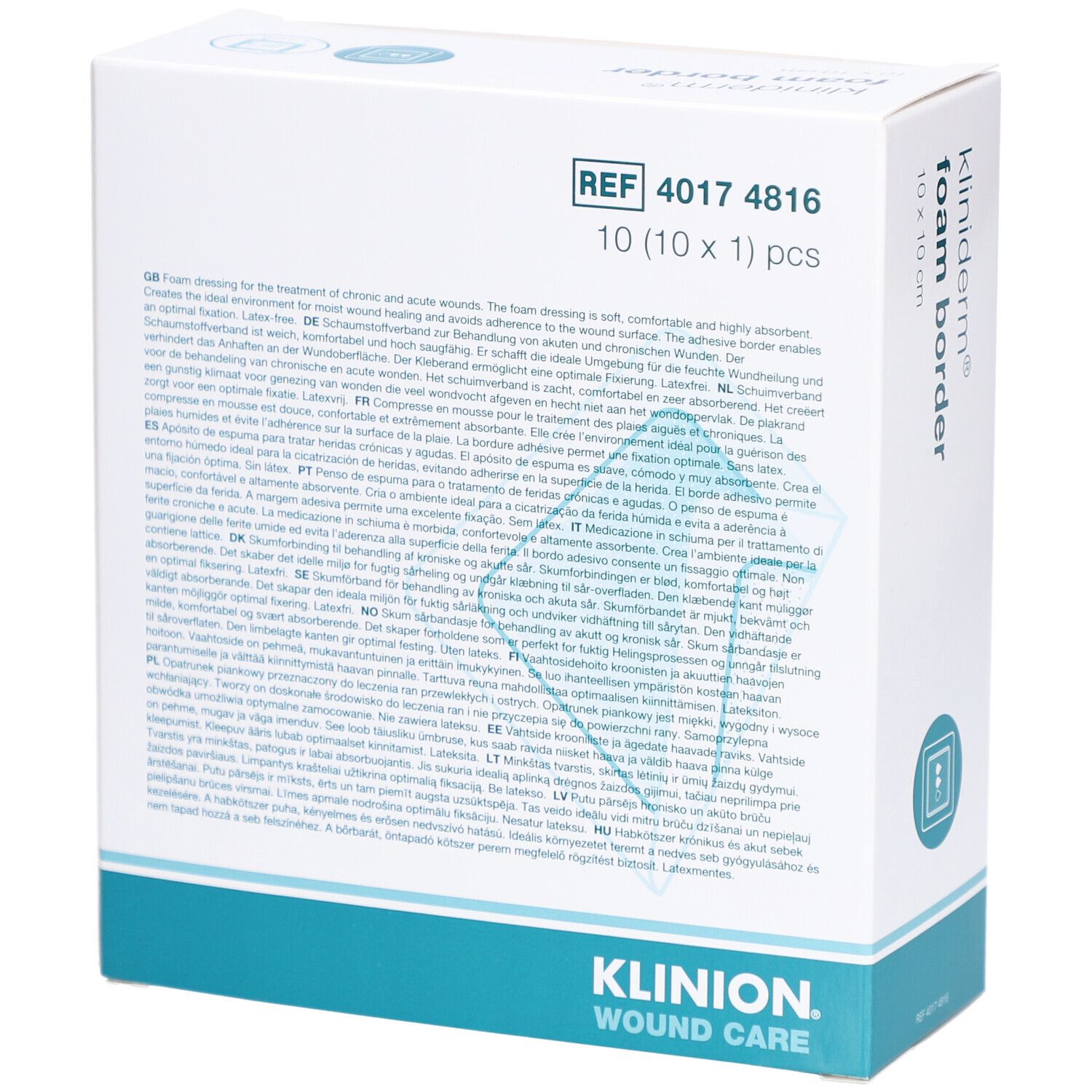 Rückseite des Kartons mit Text. Kliniderm Foam Border. Klinion Logo. Produktinformationen in mehreren Sprachen.
