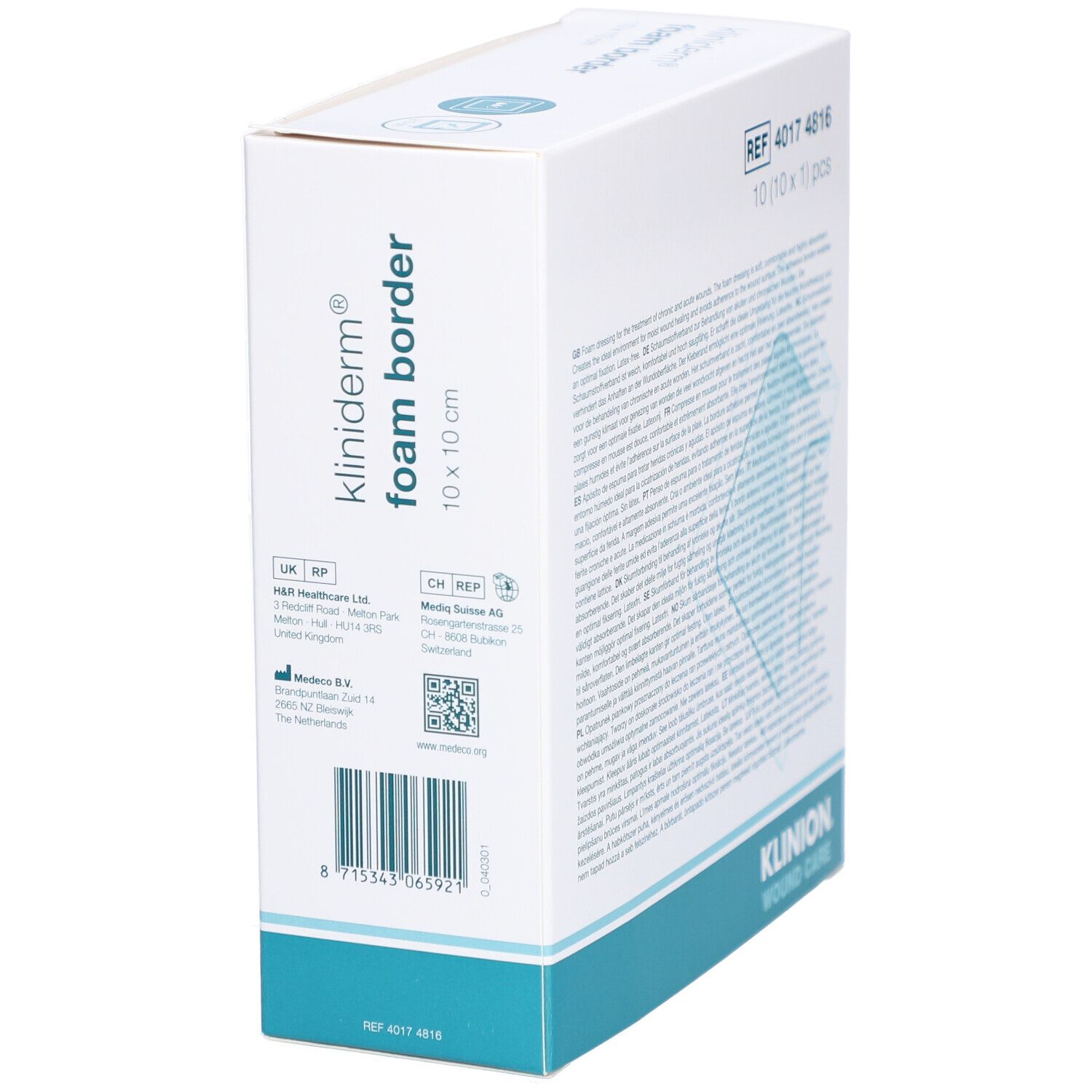 Karton Kliniderm Foam Border, 10x10 cm. Rückseite mit Text und Barcode. Klinion Logo. Referenznummer.
