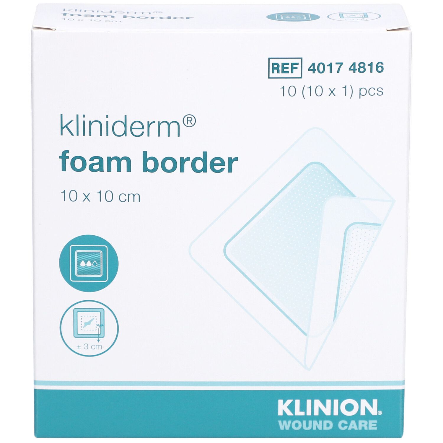 Karton Kliniderm Foam Border, 10x10 cm. Vorderansicht. Produktname, Größe und Piktogramme. Klinion Logo.
