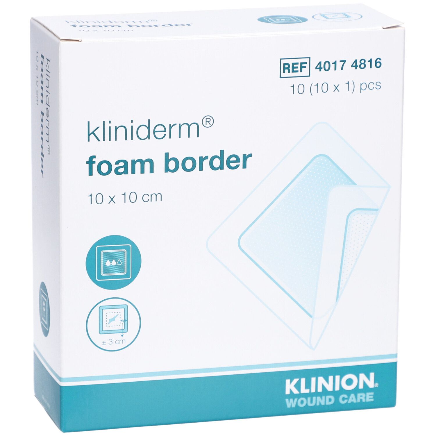 Karton Kliniderm Foam Border, 10x10 cm. Vorderansicht. Produktname, Größe und Piktogramme. Klinion Logo.