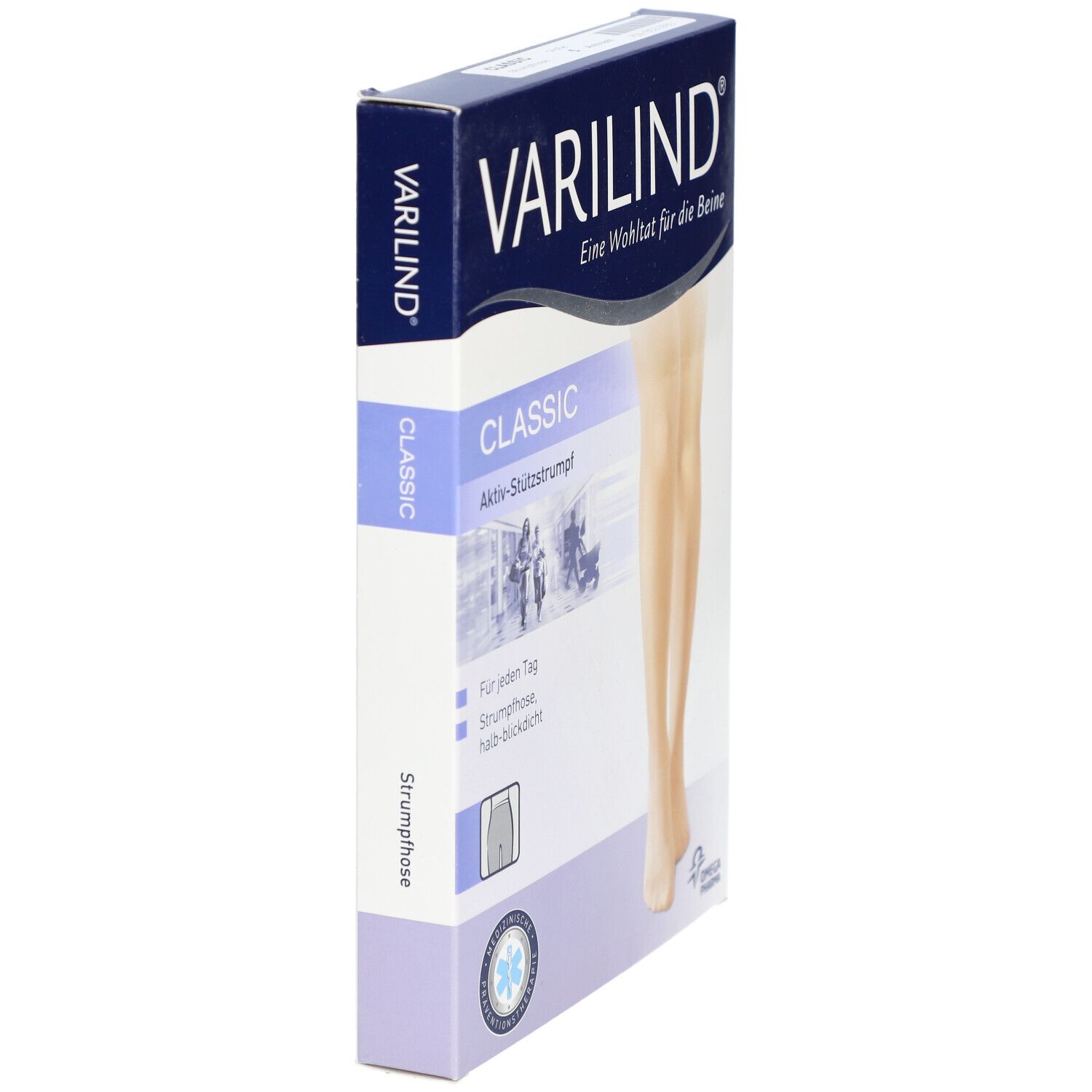 Verpackung VARILIND Classic. Aktiv-Stützstrumpf. Aufdruck: CLASSIC. Seitenansicht. Abbildung: Beine mit Strumpfhose.