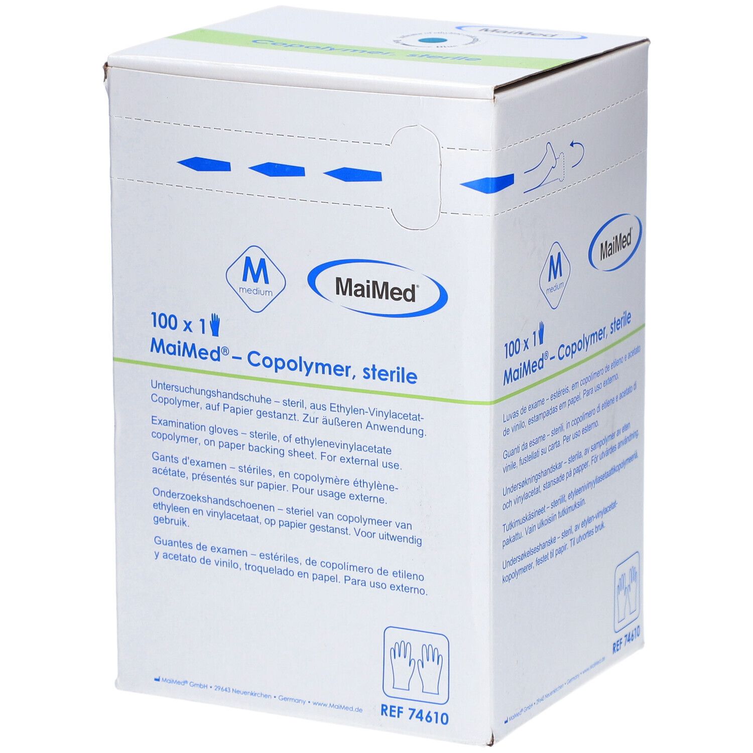 Karton mit MaiMed® Copolymer Handschuhen, steril. Aufdruck: 100 x 1, Medium, Handschuh-Piktogramm.