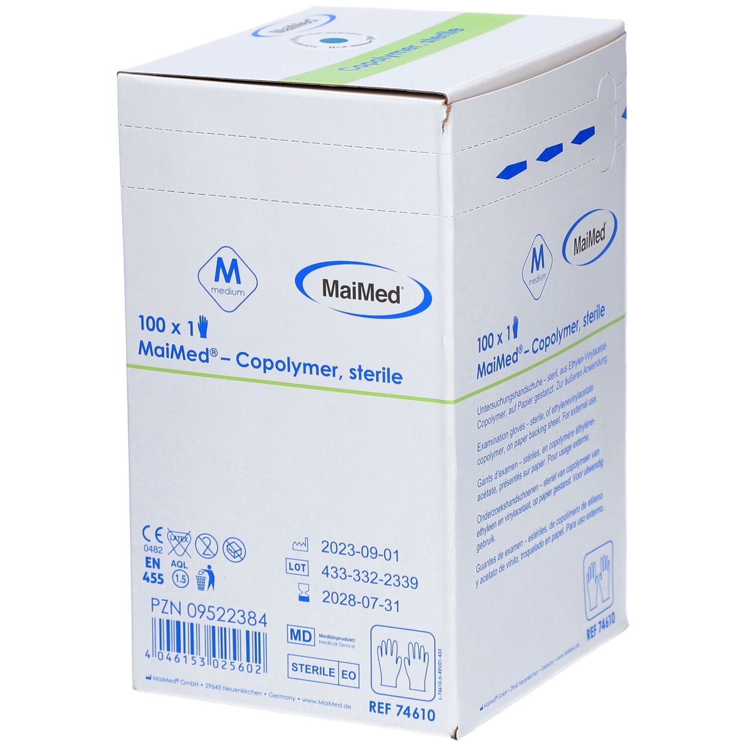 Karton MaiMed® Copolymer Handschuhe, steril. Aufdruck: 100 x 1, Medium, Chargennummer, Haltbarkeitsdatum, PZN.