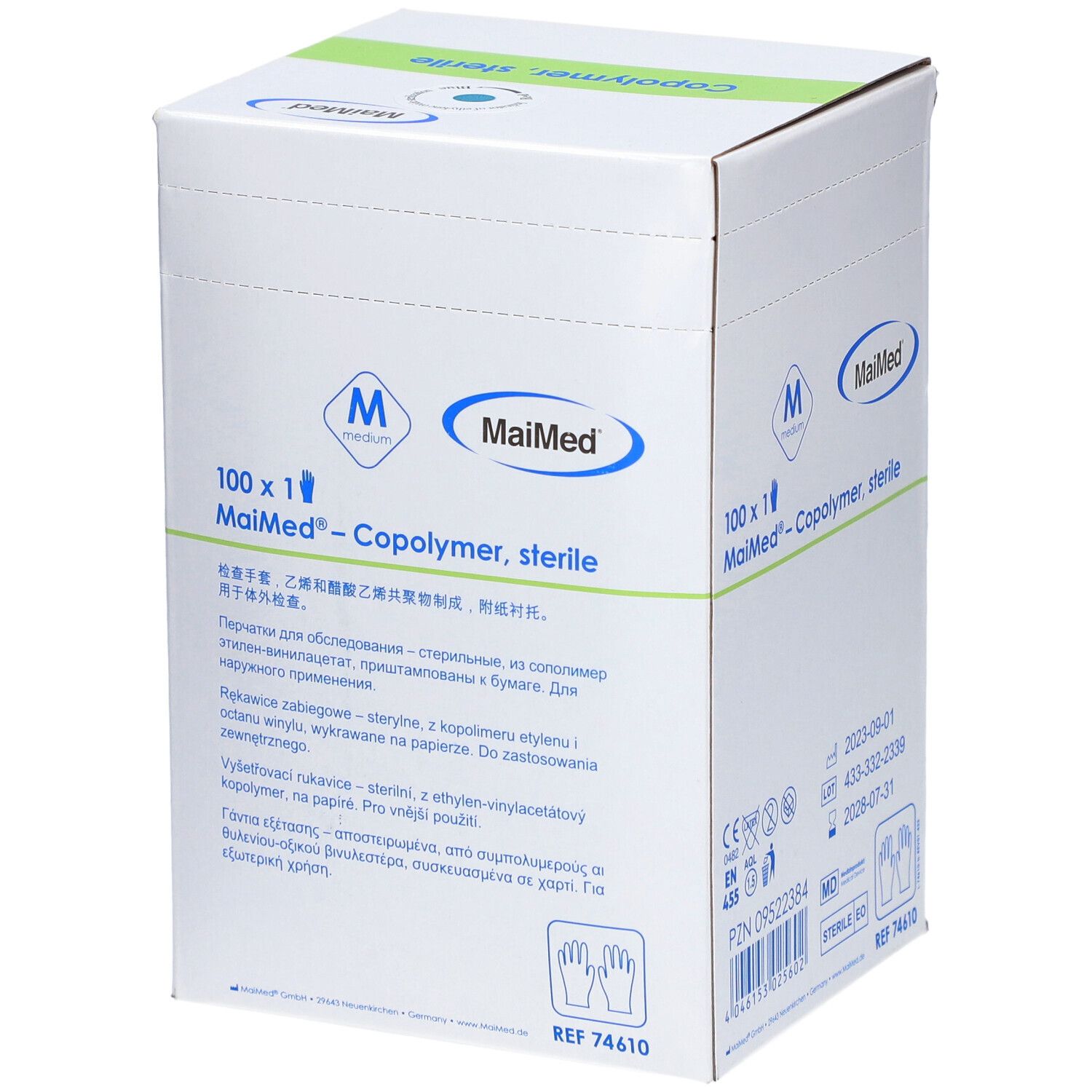 Karton MaiMed® Copolymer Handschuhe, steril. Aufdruck: 100 x 1, Medium, mehrsprachige Produktinformationen.