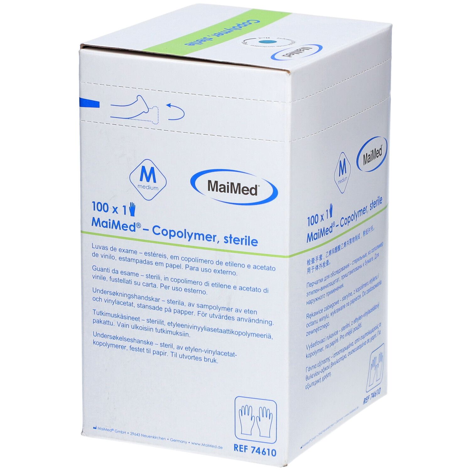 Karton MaiMed® Copolymer Handschuhe, steril. Aufdruck: 100 x 1, Medium, mehrsprachige Produktinformationen.