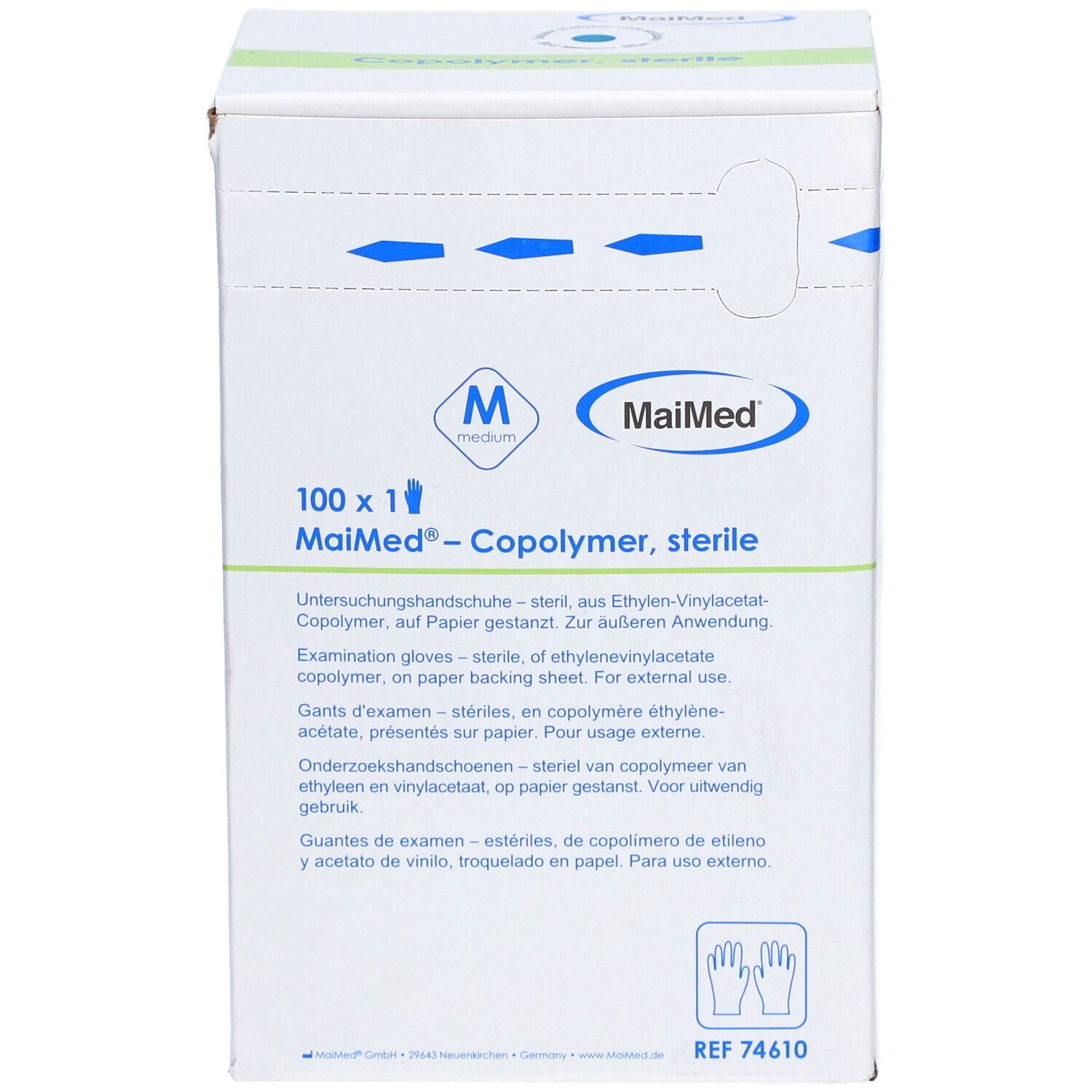 Karton MaiMed® Copolymer Handschuhe, steril. Aufdruck: 100 x 1, Medium, mehrsprachige Produktinformationen.