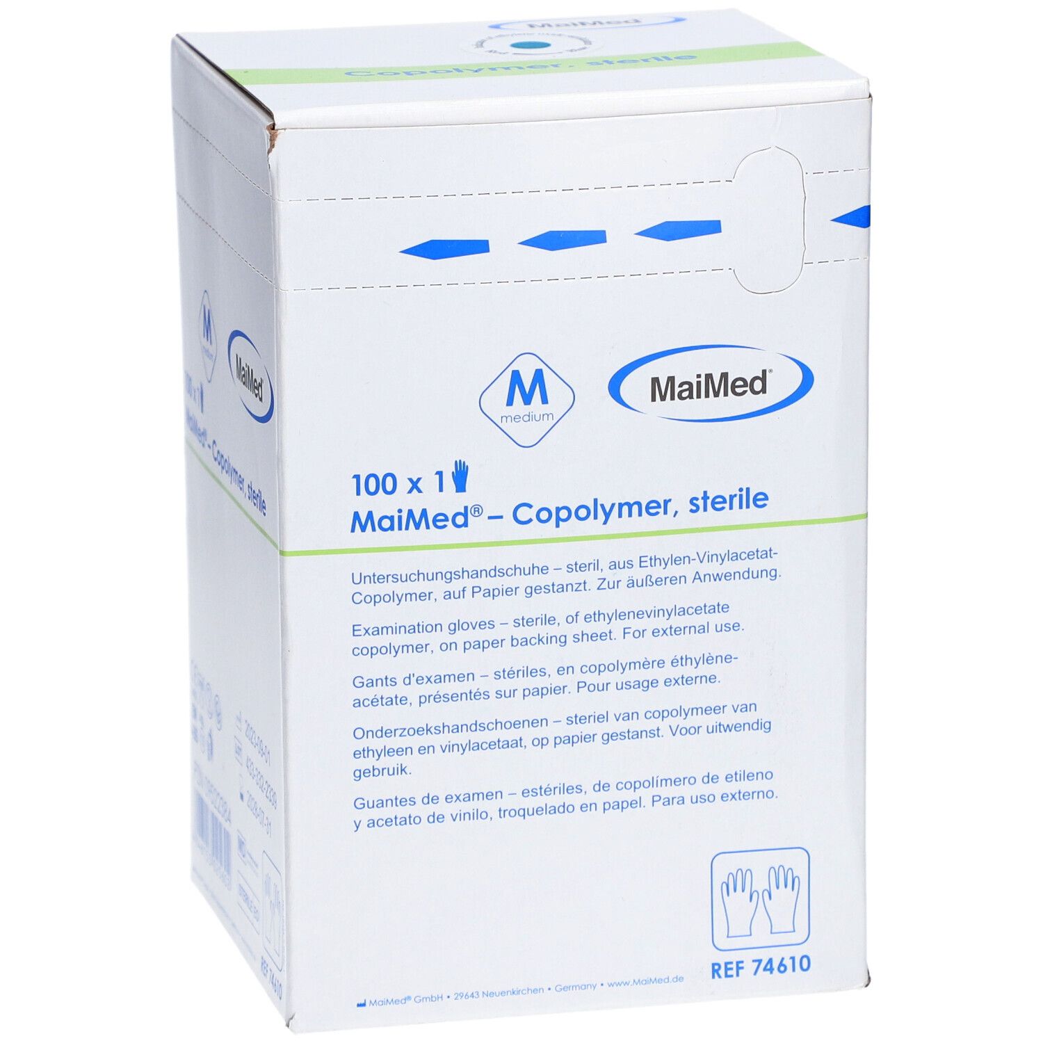 Karton MaiMed® Copolymer Handschuhe, steril. Aufdruck: 100 x 1, Medium, mehrsprachige Produktinformationen.