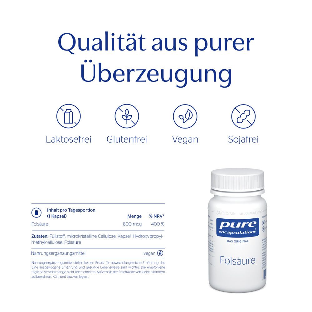 Weiße Flasche mit Schraubverschluss. Aufschrift: pure encapsulations®, Folsäure. Text: laktosefrei, glutenfrei, vegan, sojafrei.