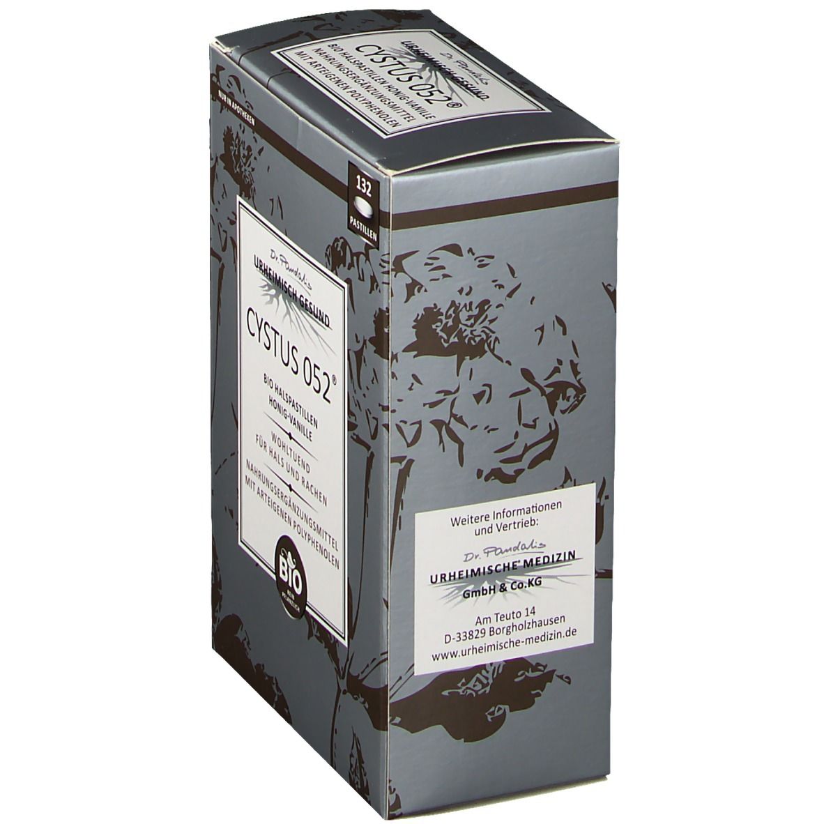 Schachtel Cystus 052 Bio Halspastillen Honig-Vanille. Aufdruck: Dr. Pandalis, urheimisch gesund. 132 Pastillen. Adresse: Urheimische Medizin GmbH & Co. KG.