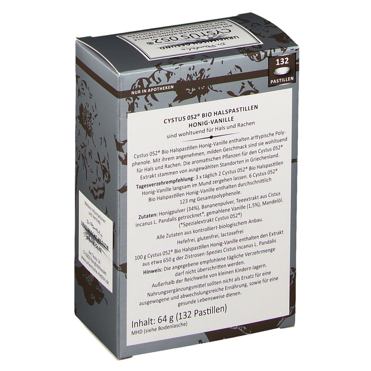 Rückseite der Schachtel Cystus 052 Bio Halspastillen Honig-Vanille. Text über Inhaltsstoffe und Anwendung. Bio-Siegel. 132 Pastillen. MHD.