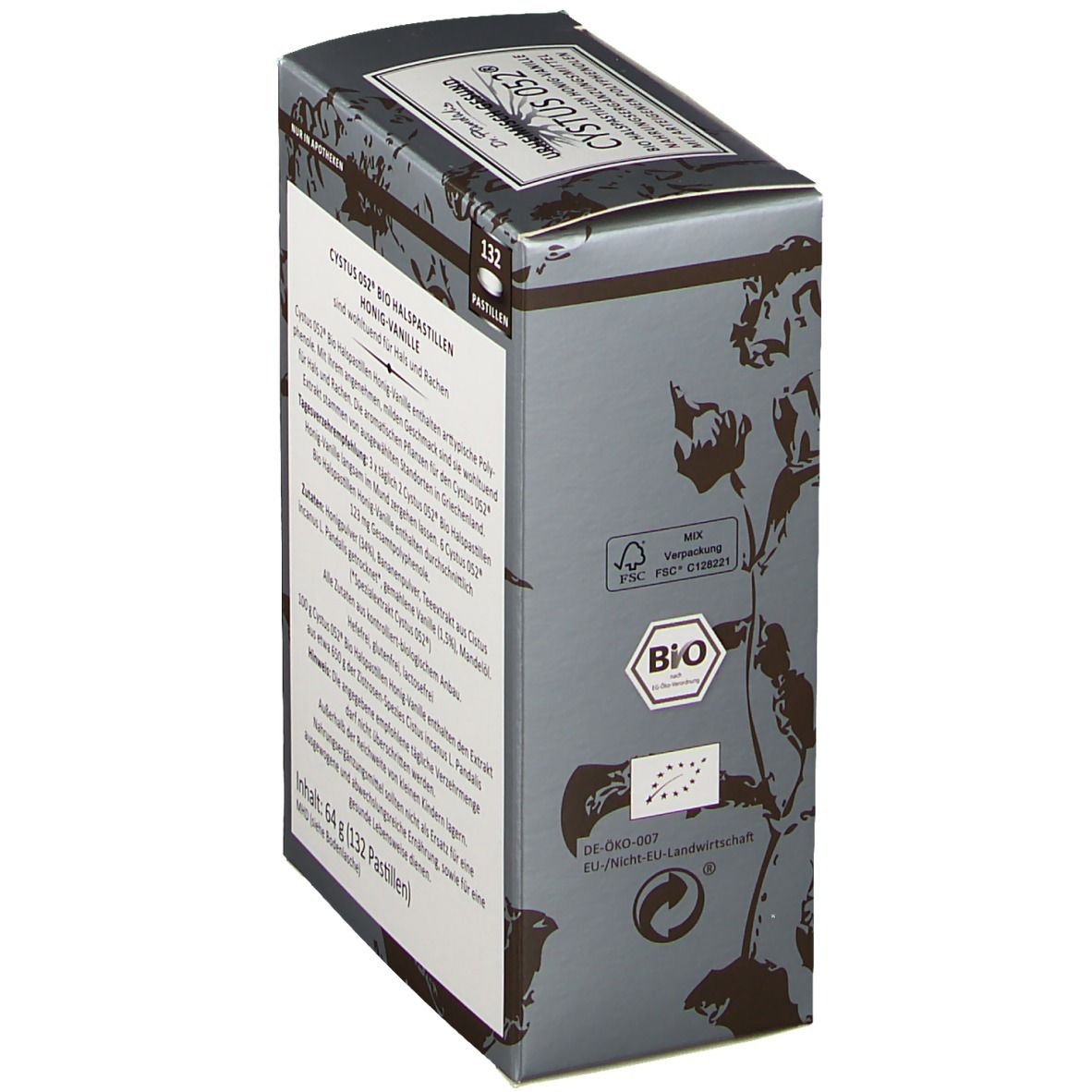 Schachtel Cystus 052 Bio Halspastillen Honig-Vanille. Bio-Siegel. FSC-Siegel. 132 Pastillen. Aufdruck: Dr. Pandalis, urheimisch gesund.