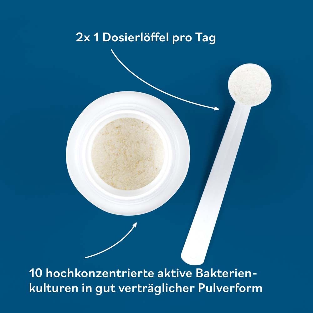 Offene Dose mit Pulver und Messlöffel. Aufschrift: 2x 1 Dosierlöffel pro Tag. 10 aktive Bakterienkulturen.