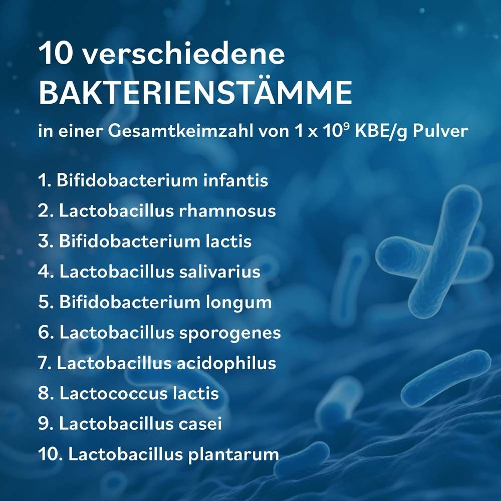 10 Bakterienstämme. Auflistung: Bifidobacterium infantis, Lactobacillus rhamnosus, Bifidobacterium lactis, etc.