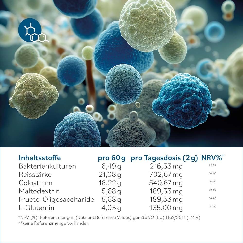 Inhaltsstoffe pro 60g und pro Tagesdosis (2g). Auflistung: Bakterienkulturen, Reisstärke, Colostrum, etc.