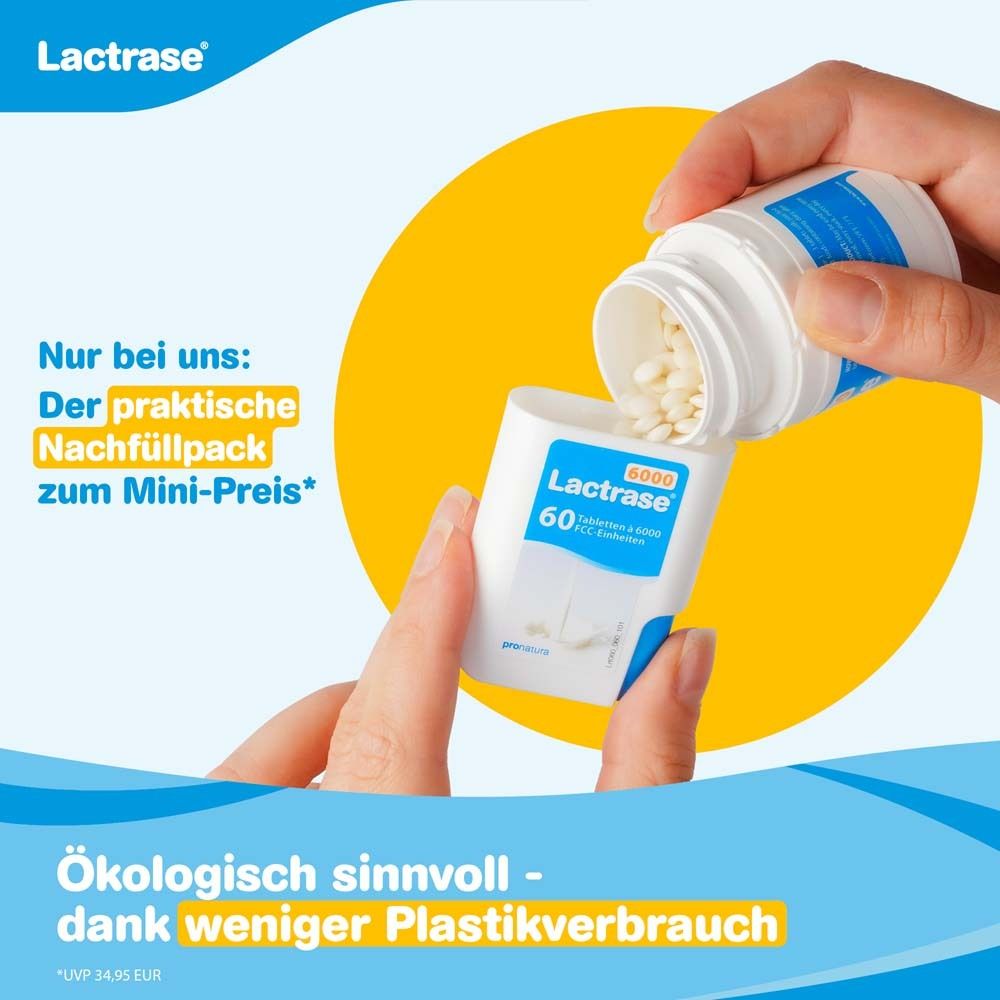 Hand füllt Klickspender mit Tabletten. Text: Nachfüllpack zum Mini-Preis. Ökologisch sinnvoll.