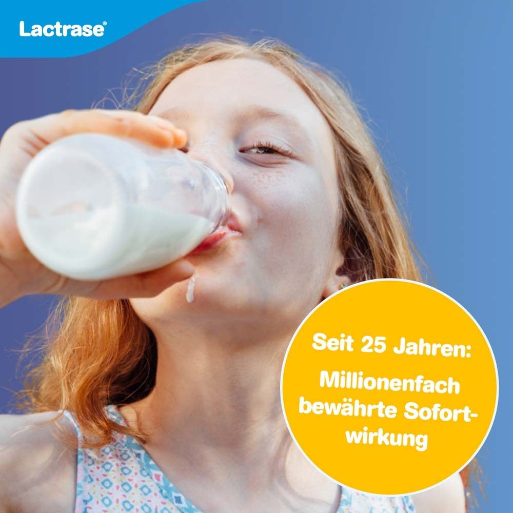 Mädchen trinkt Milch. Text: Seit 25 Jahren: Millionenfach bewährte Sofortwirkung. Lactrase Logo.