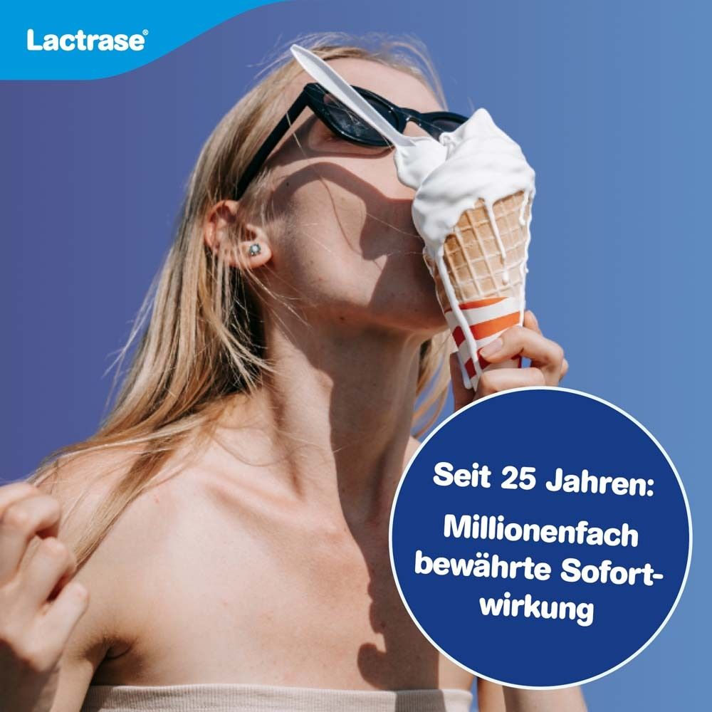 Frau mit Eis. Text: Seit 25 Jahren: bewährte Sofortwirkung. Marke: Lactrase.