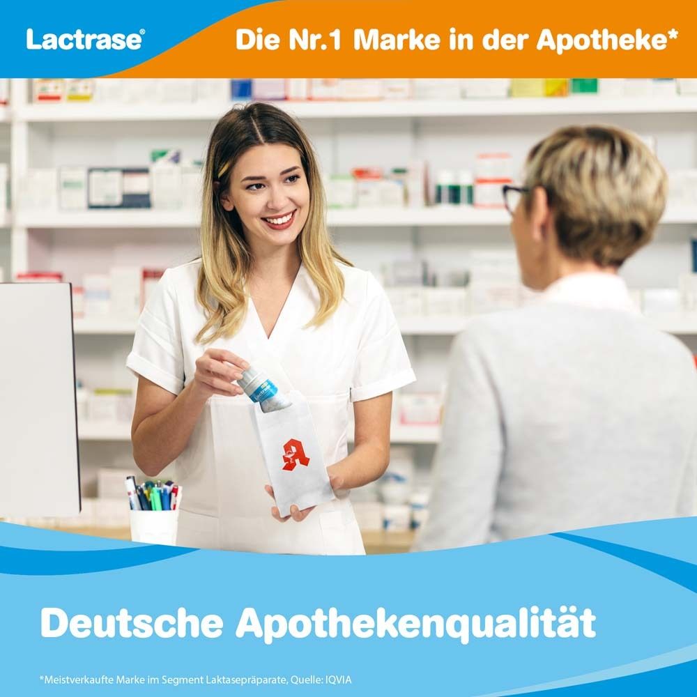 Apothekerin gibt Packung. Lactrase Logo. Text: Deutsche Apothekenqualität.
