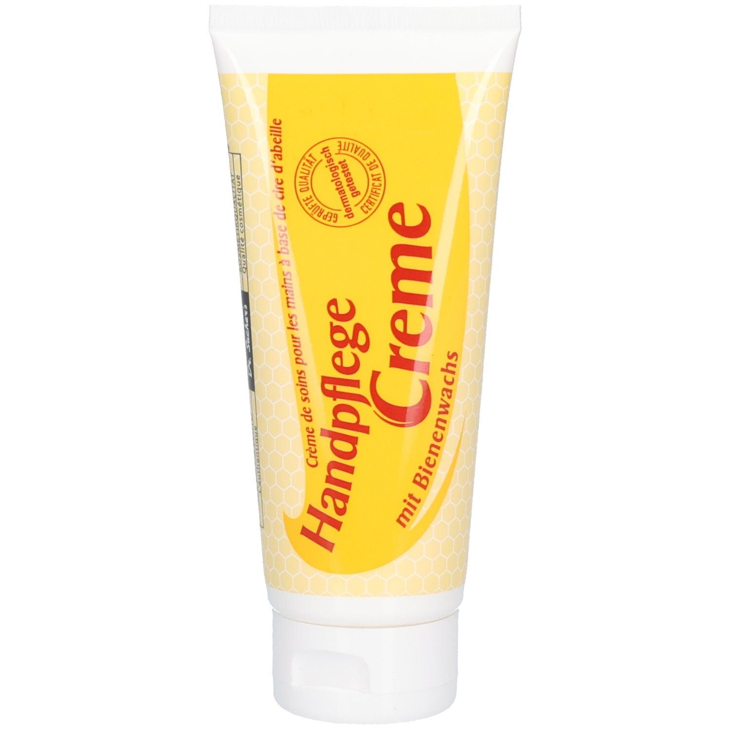 Creme-Tube mit gelbem Hintergrund und roter Schrift. Aufschrift: Handpflege Creme mit Bienenwachs. Siegel.