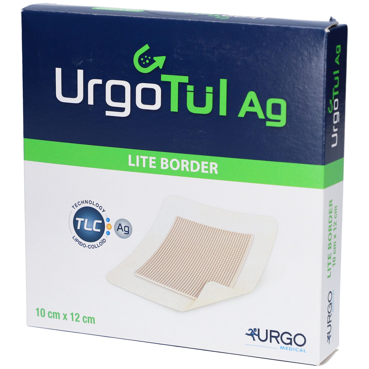 Verpackung von UrgoTül Ag Lite Border. Box mit Produkt und Logo. Größe: 10 cm x 12 cm.