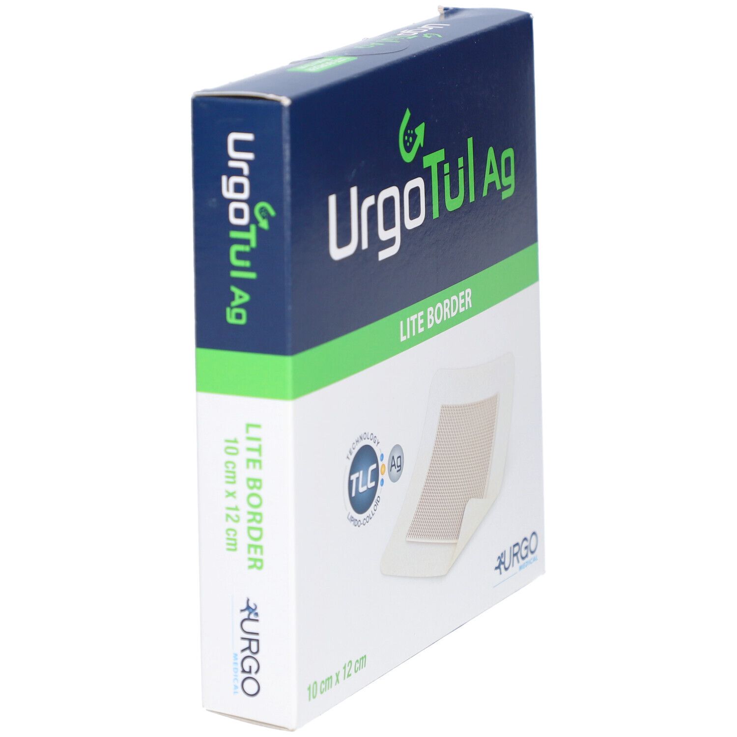 Schrägansicht der Verpackung von UrgoTül Ag Lite Border. Box mit Logo und Produkt. Größe: 10 cm x 12 cm.