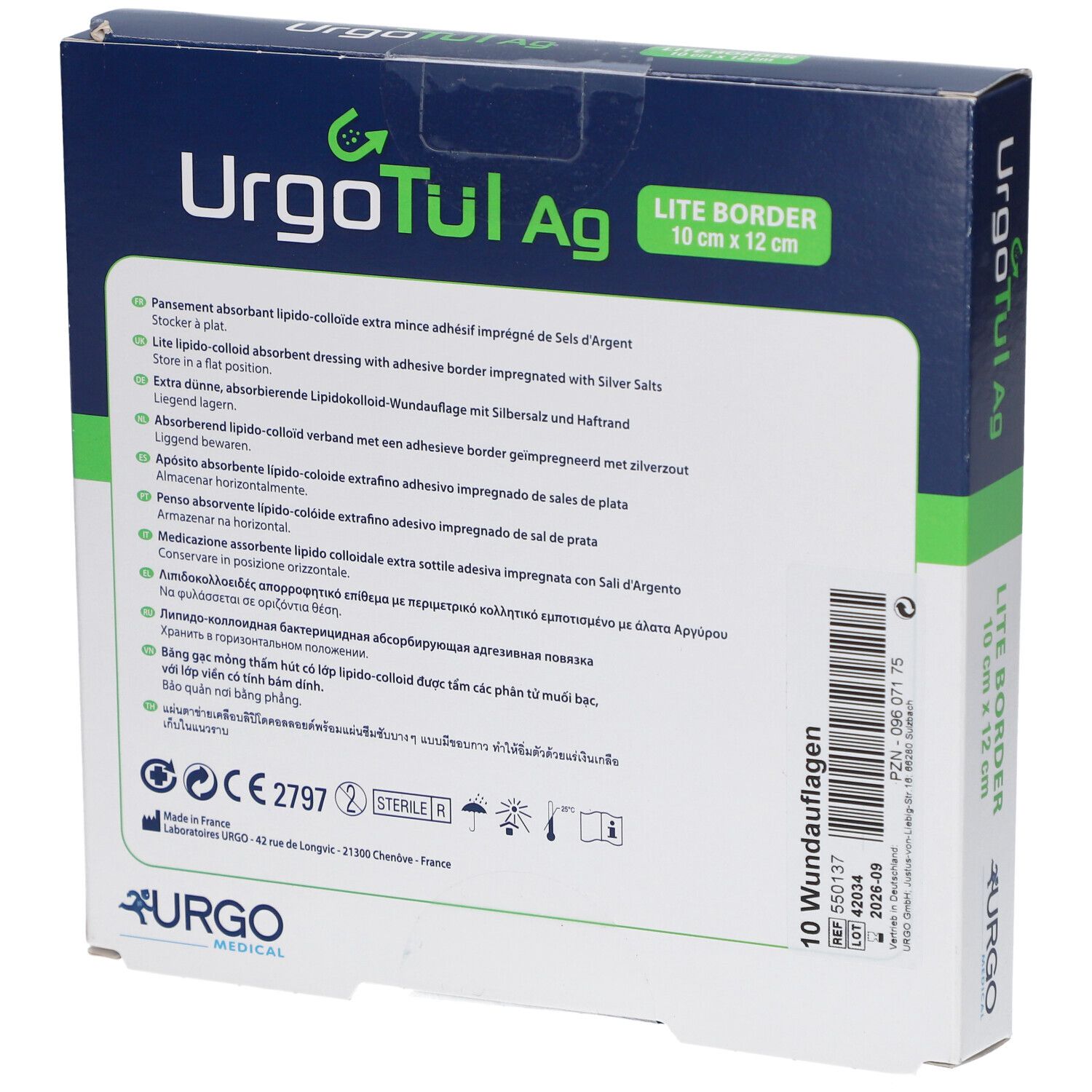 Rückseite der UrgoTül Ag Lite Border Verpackung. Text und Logos. Zertifizierungen CE2797 und Steril R.