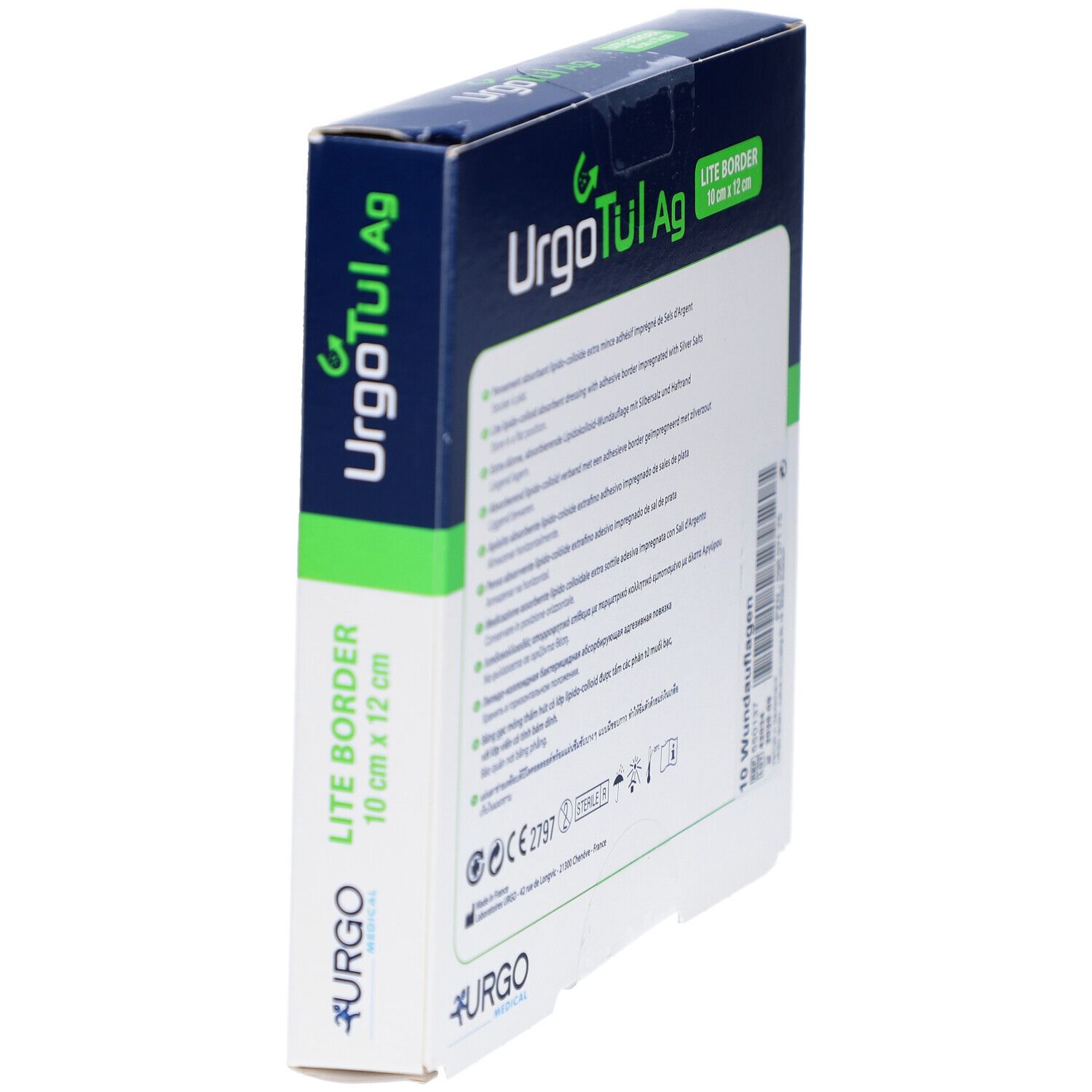 Schrägansicht der Verpackung von UrgoTül Ag Lite Border. Box mit Logo und Produkt. Größe: 10 cm x 12 cm.