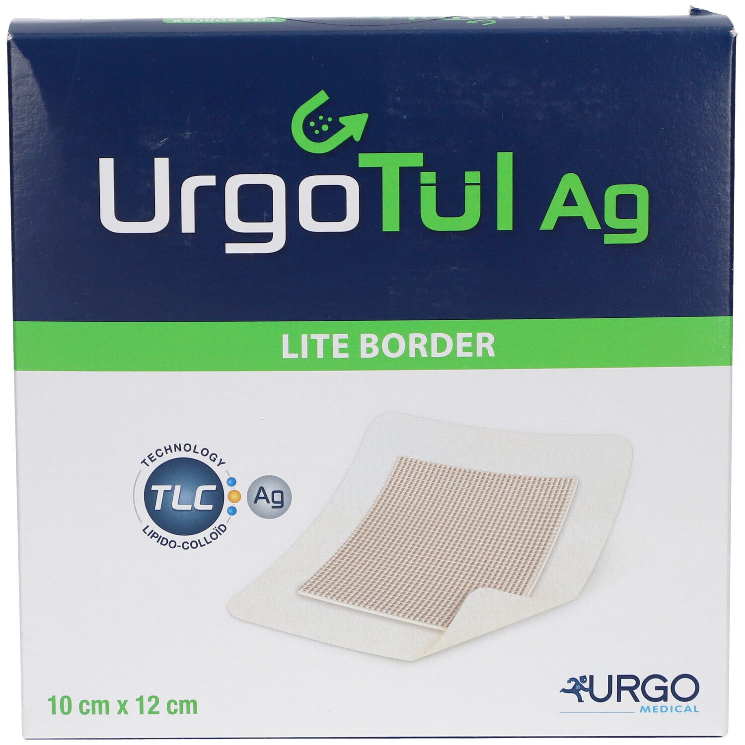 Verpackung von UrgoTül Ag Lite Border. Box mit Produkt und Logo. Größe: 10 cm x 12 cm.