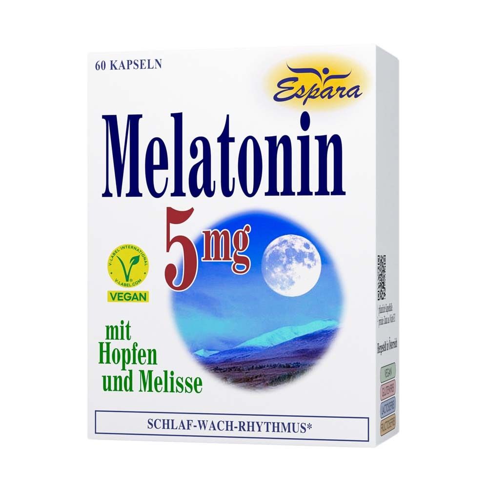 Weiße Schachtel mit "Melatonin 5mg" und "Espara"-Logo. Enthält 60 Kapseln. Mit Hopfen und Melisse. Vegan-Siegel.