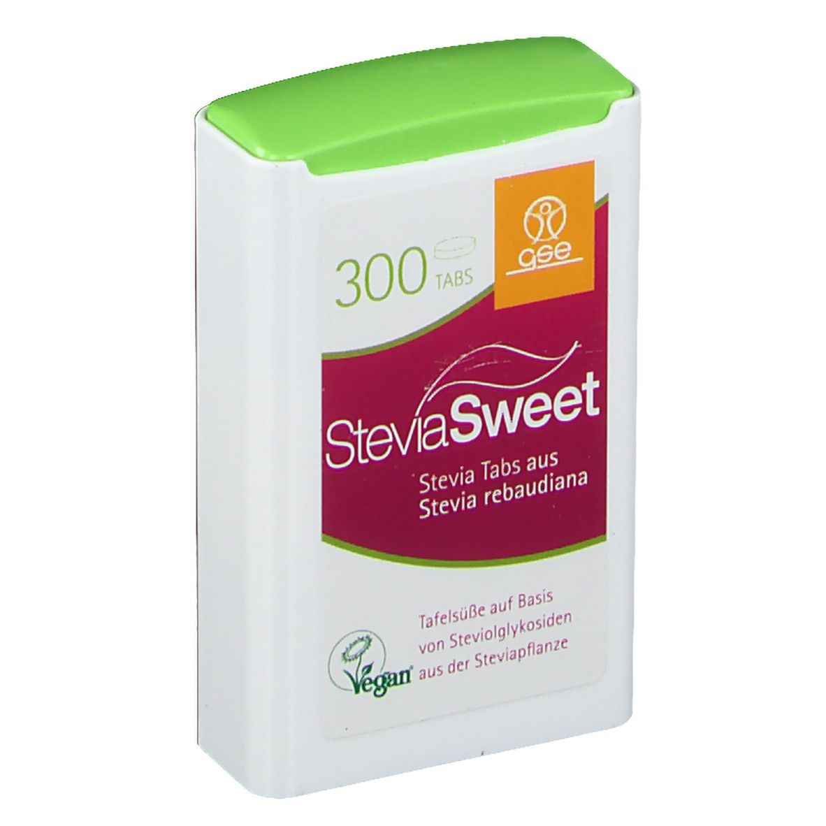 Weiße Tablettenspender mit grünem Deckel. Aufschrift: SteviaSweet, 300 Tabs, vegan. Logo: GSE.