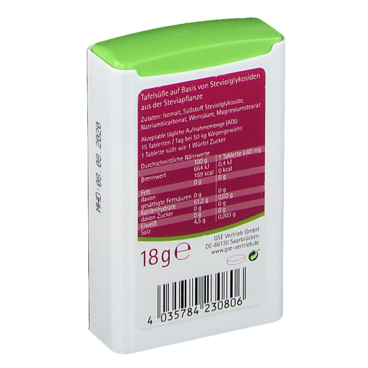 Rückseite des Tablettenspenders. Enthält Nährwertangaben und Zutaten. Gewicht: 18g. Barcode und GSE-Logo.