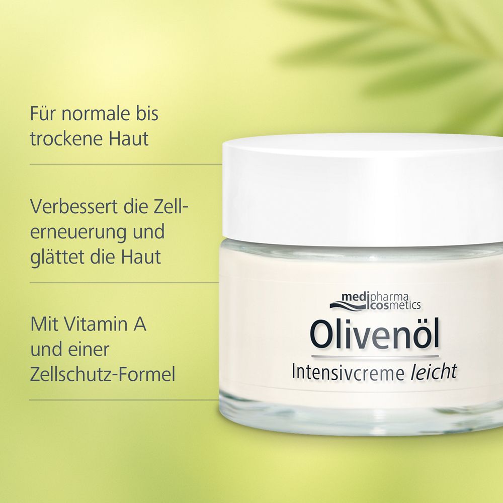 Creme-Tiegel mit weißem Deckel. Aufschrift Olivenöl Intensivcreme leicht. Text für normale bis trockene Haut. Logo medipharma cosmetics.