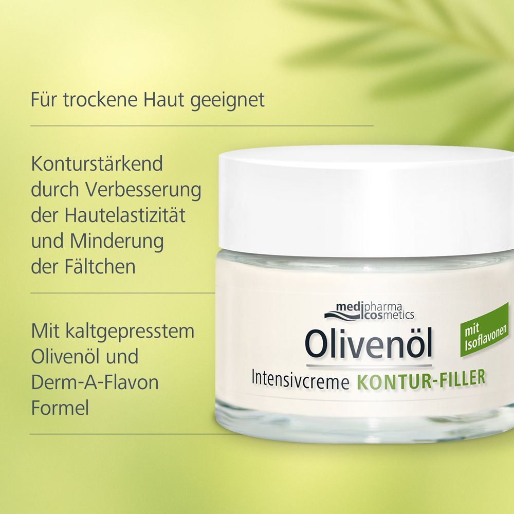 Creme-Glas mit Produktinformationen. Marke: medipharma cosmetics. Produkt: Olivenöl Intensivcreme Kontur-Filler.