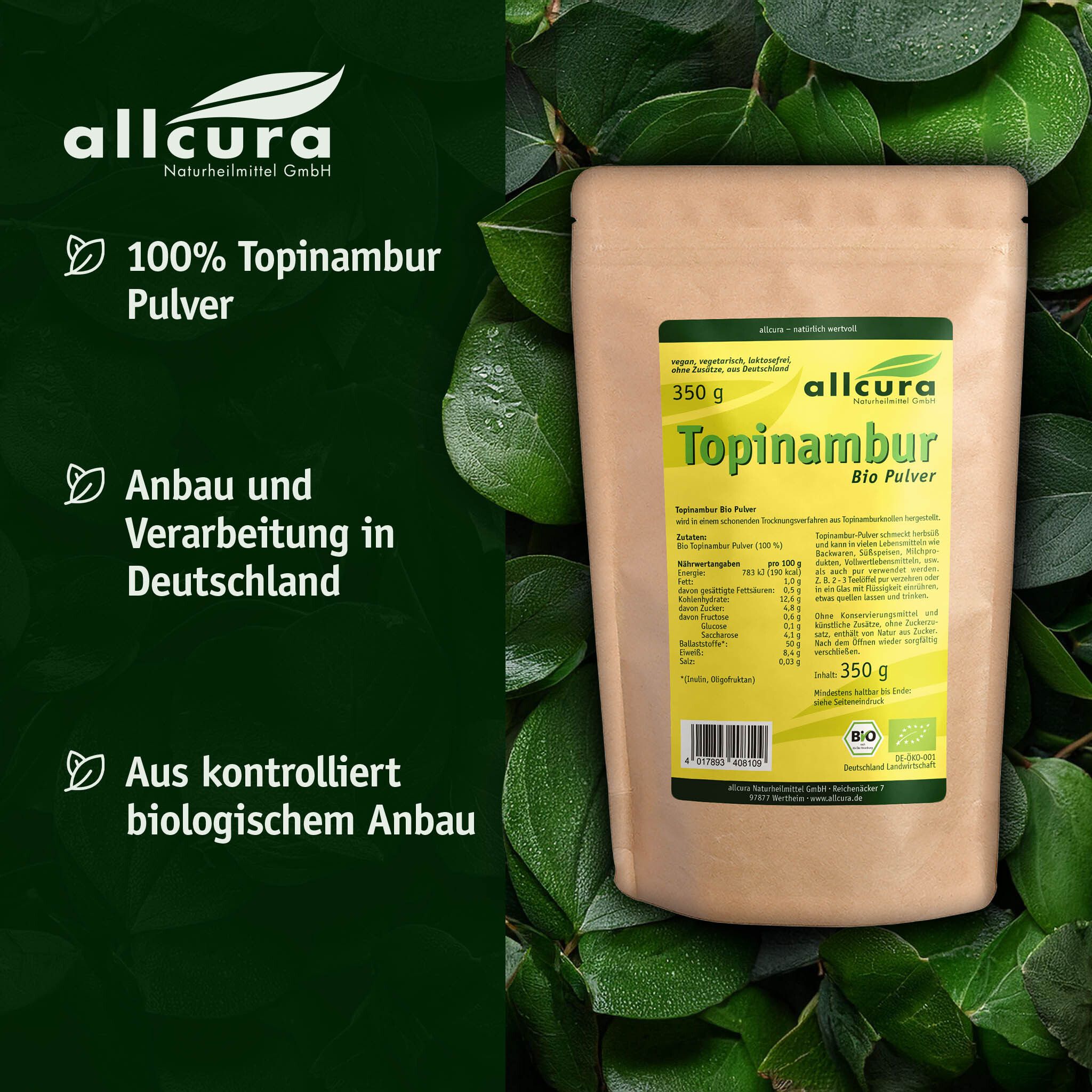 Beutel mit Pulver. Aufschrift: allcura Topinambur Bio-Pulver, 350 g. Brauner Beutel mit grünem Etikett. Logo und Bio-Siegel. Text: 100% Topinambur Pulver.
