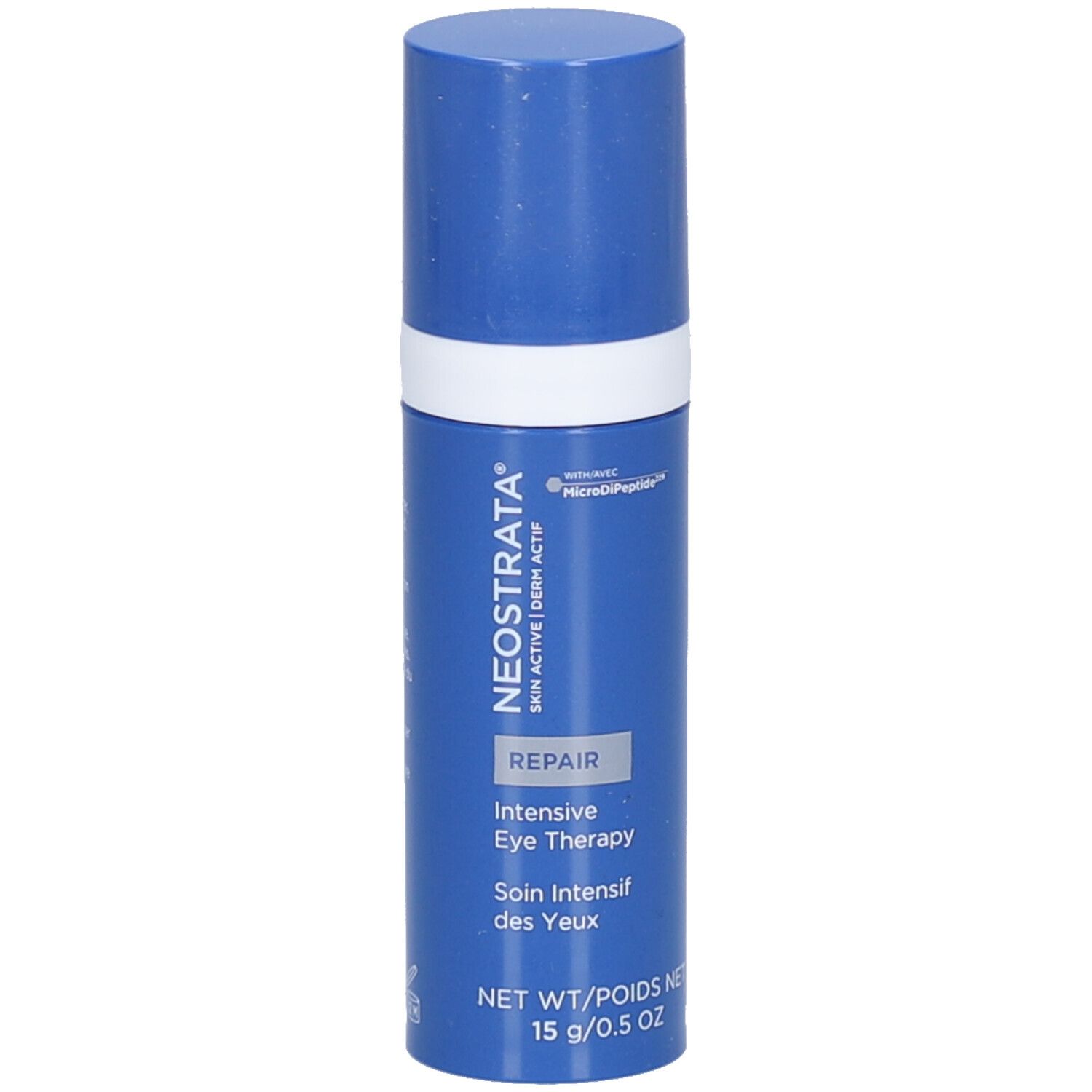 Zylindrische Flasche mit silbernem Deckel. Aufschrift: NeoStrata, Repair, Intensive Eye Therapy. Silberner Ring.