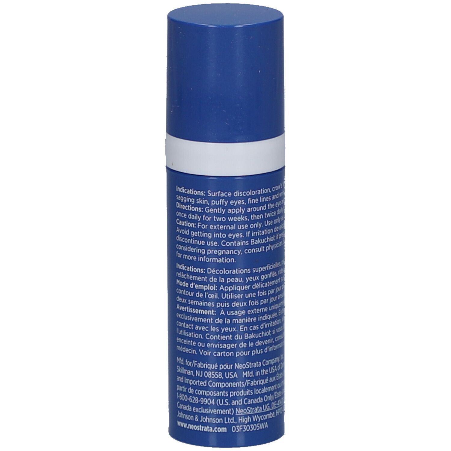 Zylindrische Flasche mit silbernem Deckel. Aufschrift: NeoStrata, Repair, Intensive Eye Therapy. Silberner Ring.