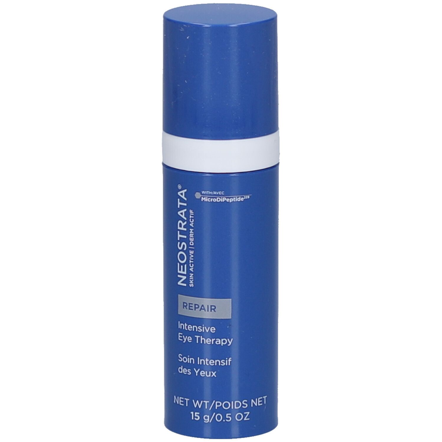 Zylindrische Flasche mit silbernem Deckel. Aufschrift: NeoStrata, Repair, Intensive Eye Therapy. Silberner Ring.