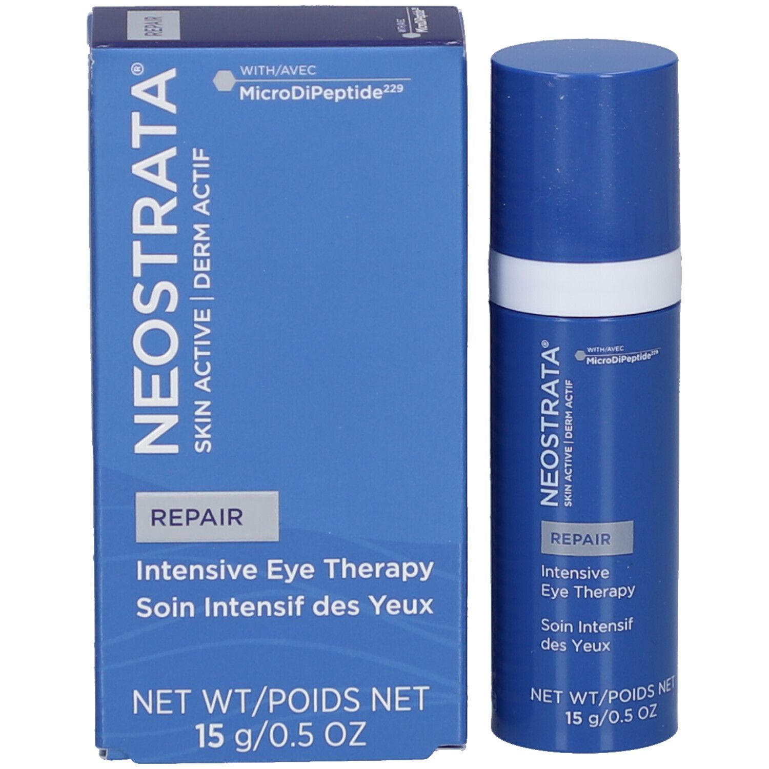 Produktverpackung und Flasche. Aufschrift: NeoStrata, Repair, Intensive Eye Therapy. 15 g/0.5 oz.
