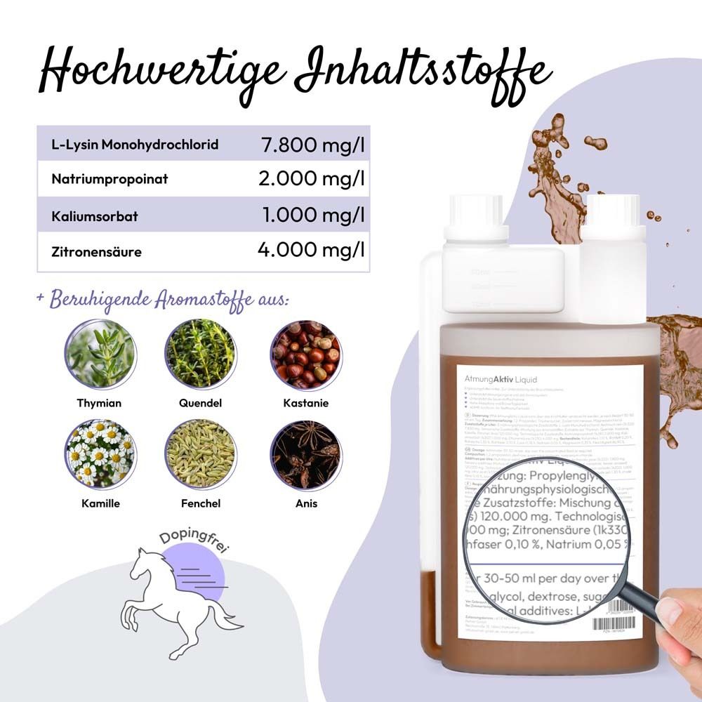 Flasche mit Text. Inhaltsstoffe: L-Lysin, Natriumpropionat, Kaliumsorbat, Zitronensäure. Kräuter.