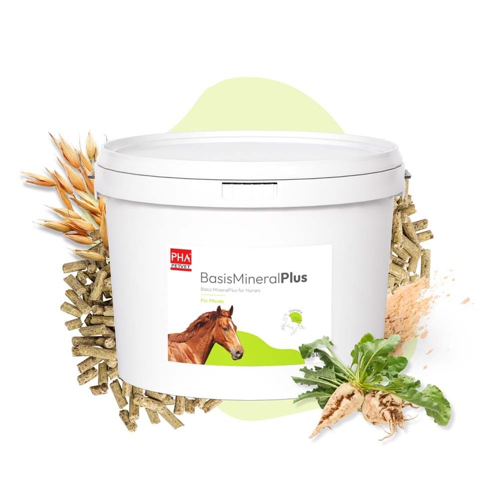 Weißer Eimer mit Deckel. Aufschrift: PHA BasisMineralPlus für Pferde. Pellets, Pflanzen und Getreide.