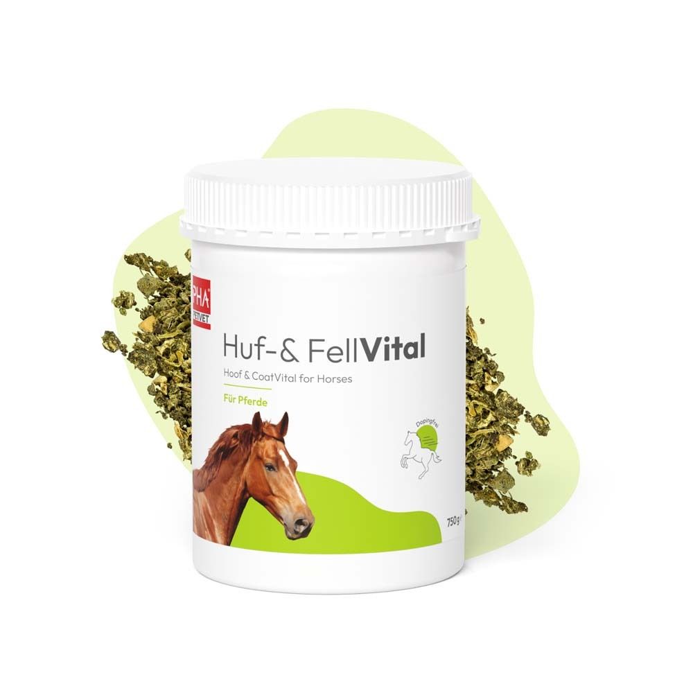 Weißes Behältnis mit Deckel. Aufschrift: Huf- & FellVital. Grünliche Akzente. Zerkleinertes Material.