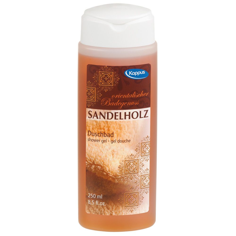 Kappus Sandelholz Duschbad Flasche. Weißer Deckel, braunes Etikett mit Produktnamen und Logo. 250 ml.